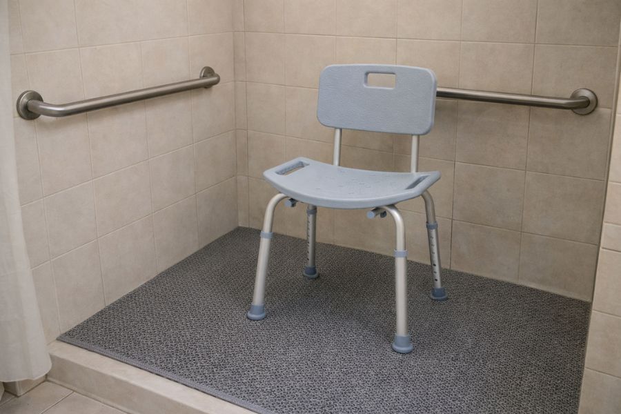 Tapete antiderrapante instalado no box com cadeira de banho e barras de apoio