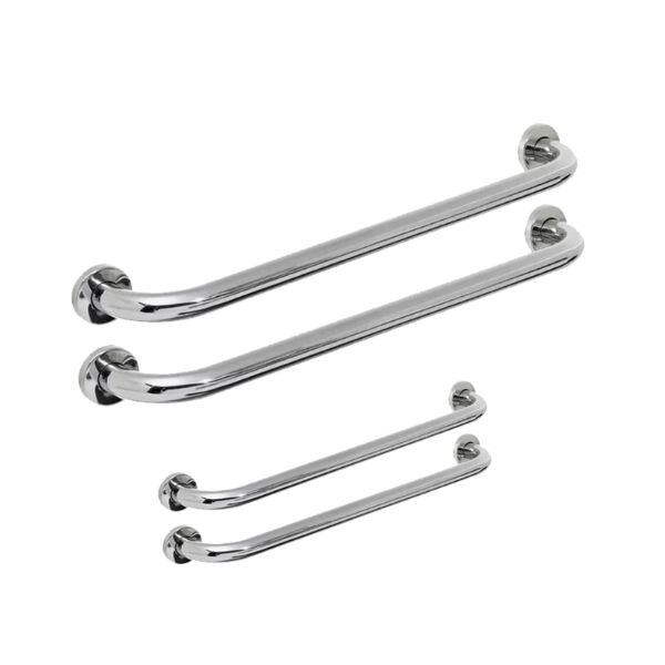 Barra de apoio reta em aço inox instalada na parede do banheiro para segurança de idosos