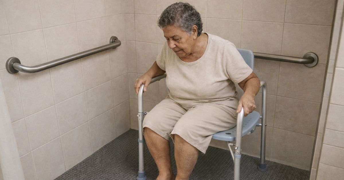 Idosa utilizando cadeira de banho sobre tapete antiderrapante em banheiro adaptado