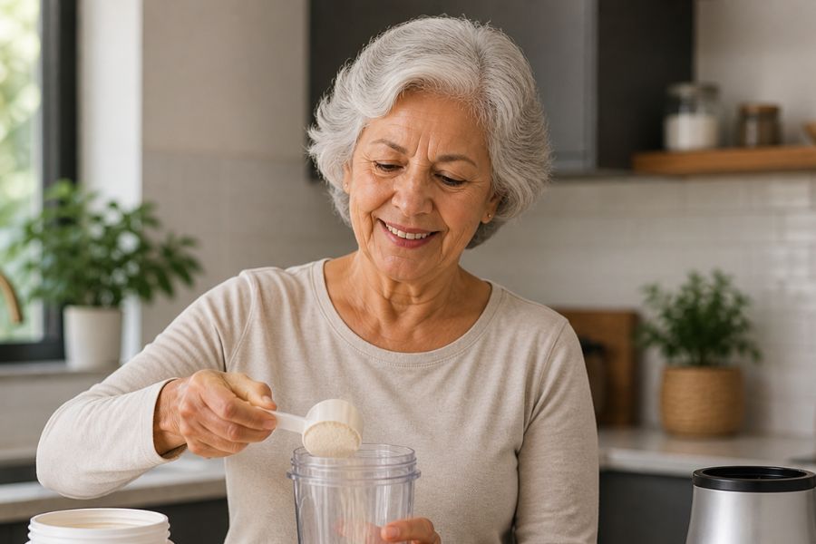 Idosa preparando whey protein corretamente