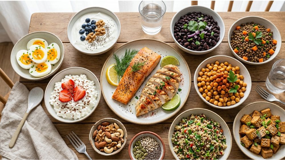 Alimentos ricos em proteínas de origem animal e vegetal organizados sobre uma mesa.