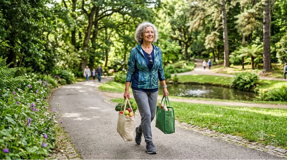 Mulher idosa ativa a caminhar num parque, representando os benefícios das proteínas para a mobilidade.