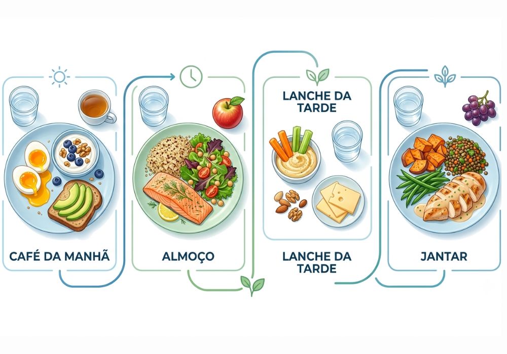Exemplo de distribuição de alimentos ricos em proteínas nas refeições do dia.