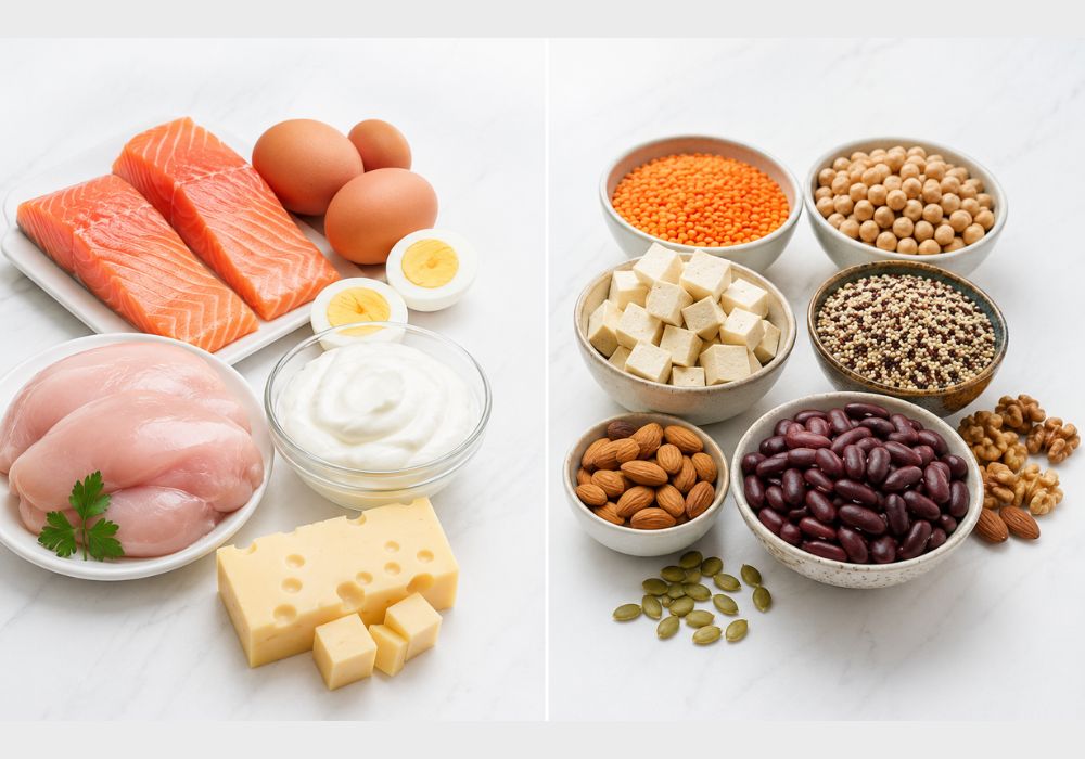 Comparação entre alimentos com proteínas de origem animal e vegetal.