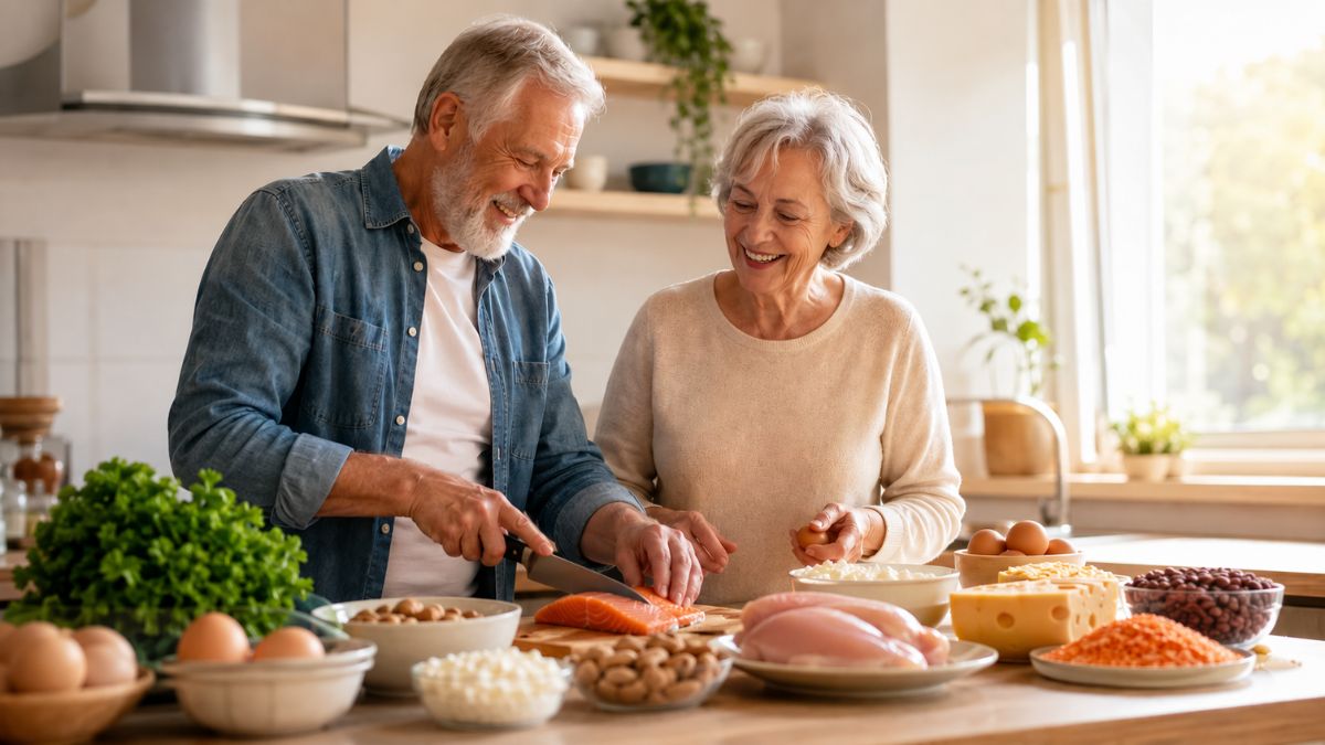 Casal de idosos a preparar uma refeição saudável com alimentos ricos em proteínas.