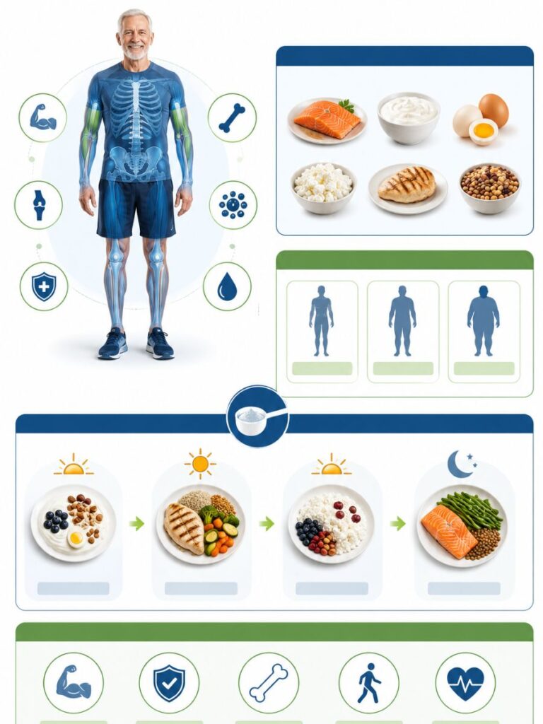 Infográfico sobre a ingestão diária de proteínas recomendada para idosos.