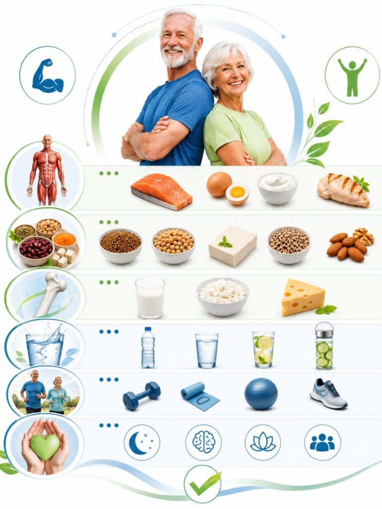 Infográfico com recomendações para uma alimentação rica em proteínas na terceira idade.