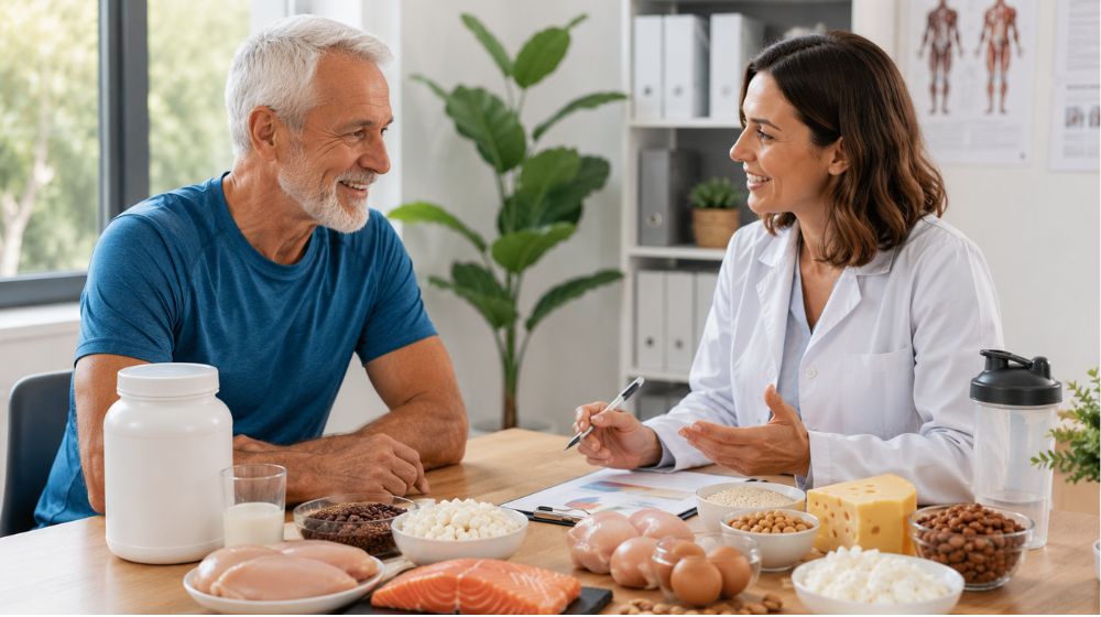 Profissional de saúde a orientar um idoso sobre suplementação de proteínas.