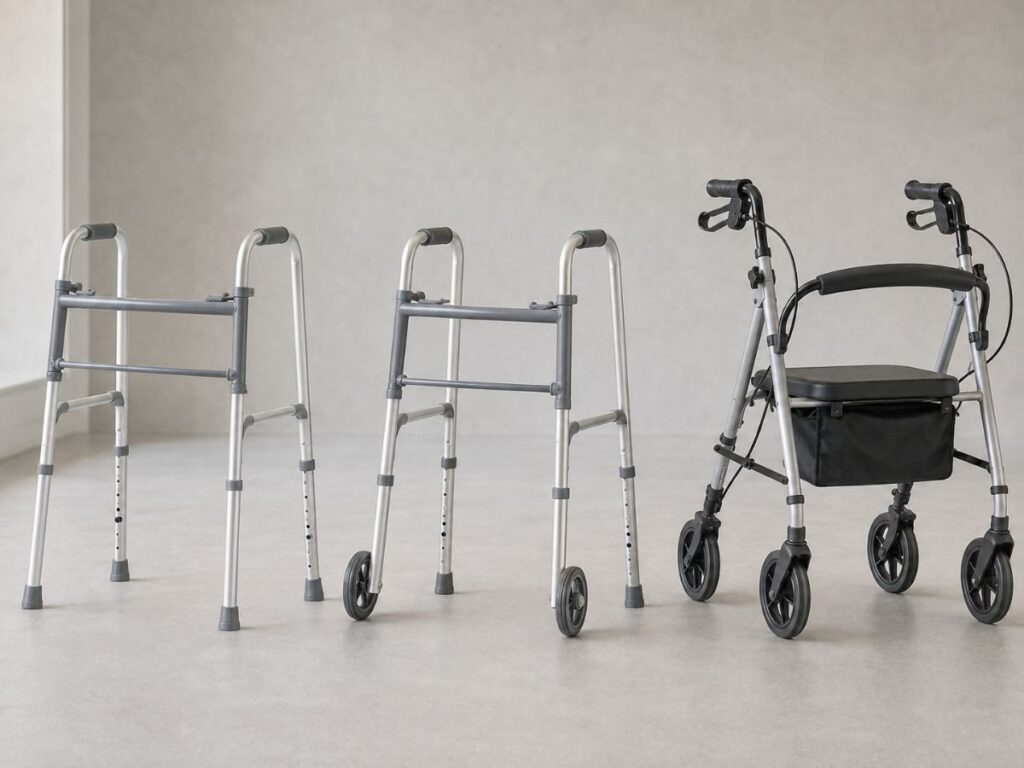 Andador fixo, andador com duas rodas e rollator de quatro rodas