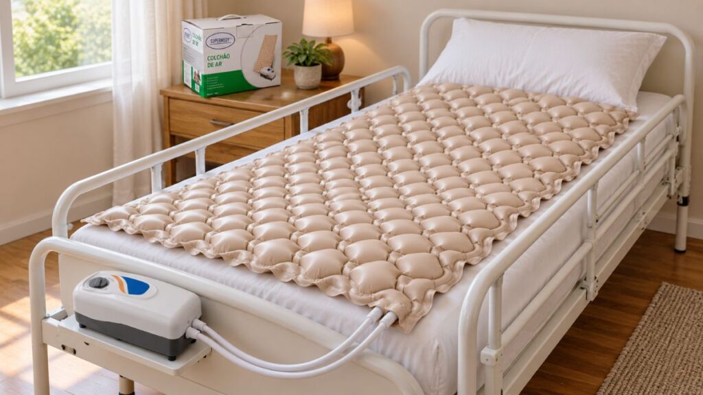 Colchão pneumático Supermedy instalado em cama com grades e compressor conectado