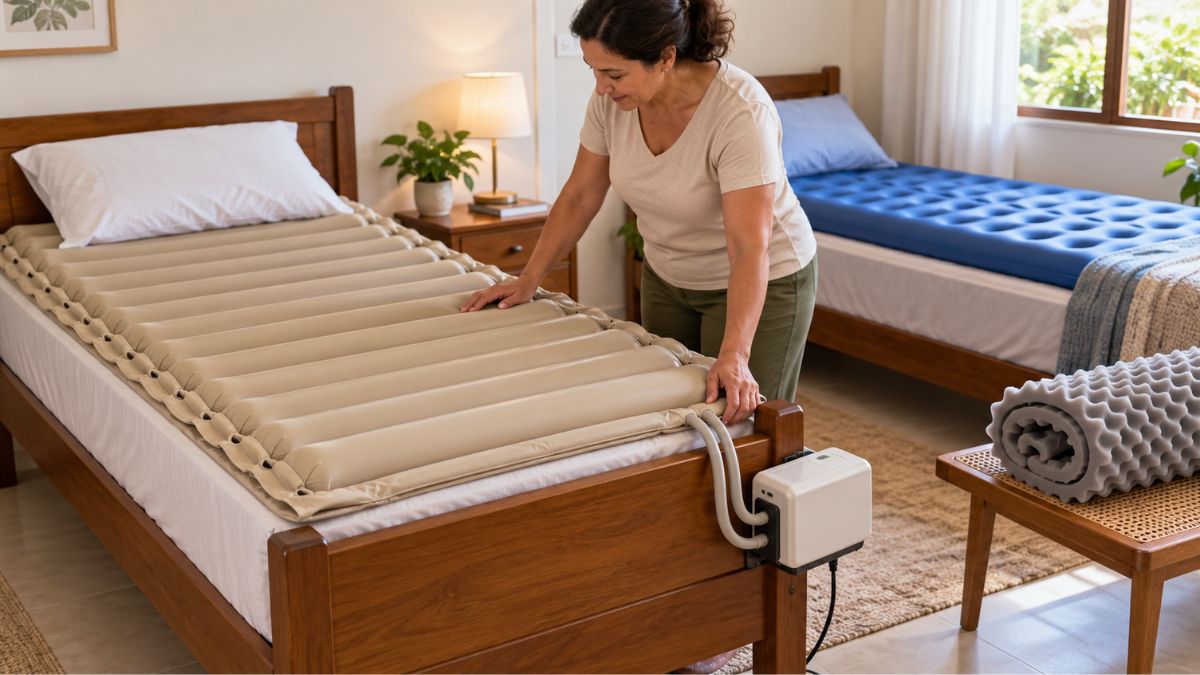 Cuidadora verificando colchão pneumático anti-escaras com compressor ao lado da cama